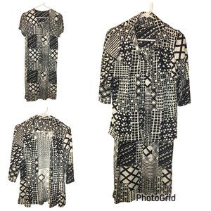 Vintage 70s Two Piece Dress Set Black Geometric Shift Dress Matching Jacket (BT)